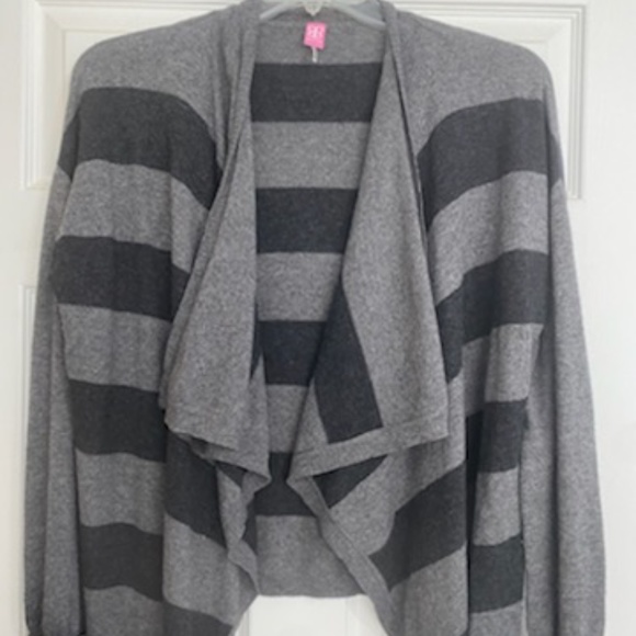 Basler stripe gray black cardigan 42 US 10 Waterfall draped cashmere Angora wool - Picture 5 of 8